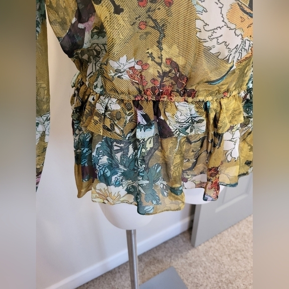 Hemant & Nandita Keystone Silk Blouse Sheer Floral Print Feminine Peplum(L) - Picture 11 of 14